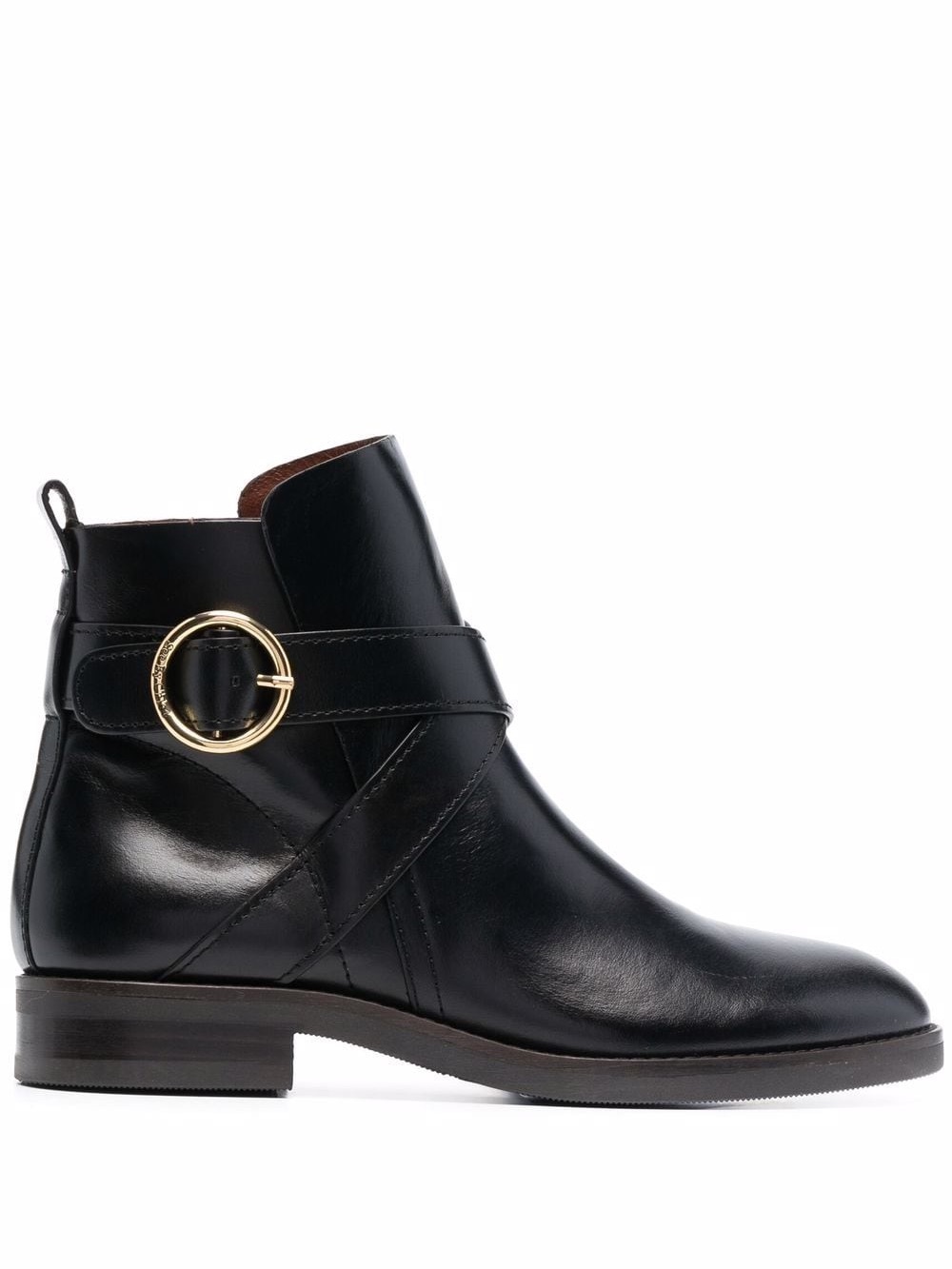 See By Chloe Black Leather Ankle Boots with Gold Ring Buckle